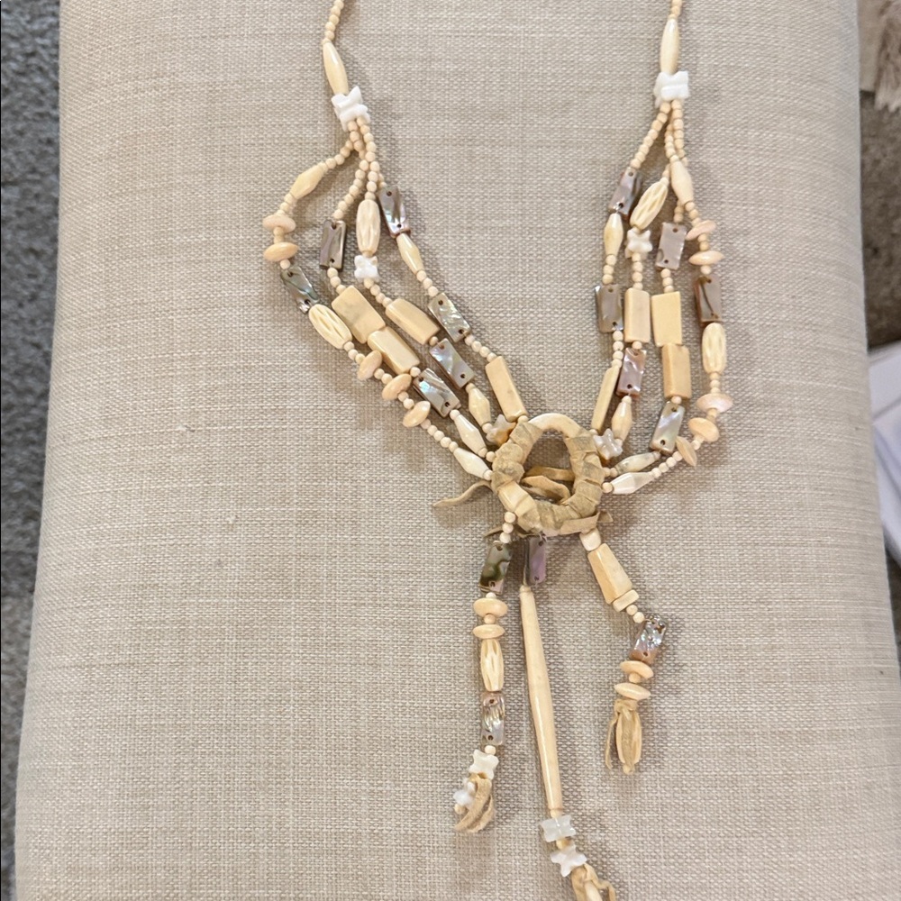 BOHO Bone & Abalone Shell Statement Necklace Handmade Tribal 21” - Picture 2 of 3